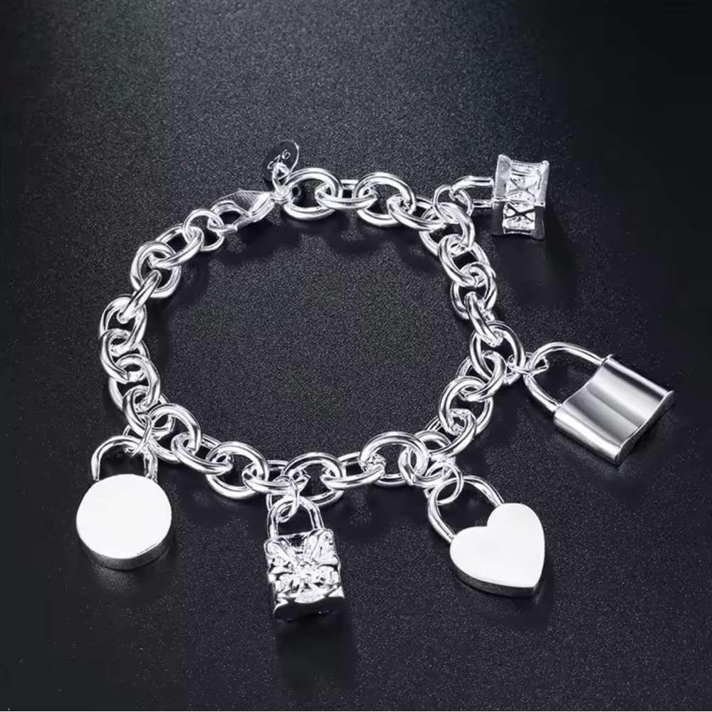 .925 Sterling Silver Charm Bracelet with Heart and Lock Pendants
